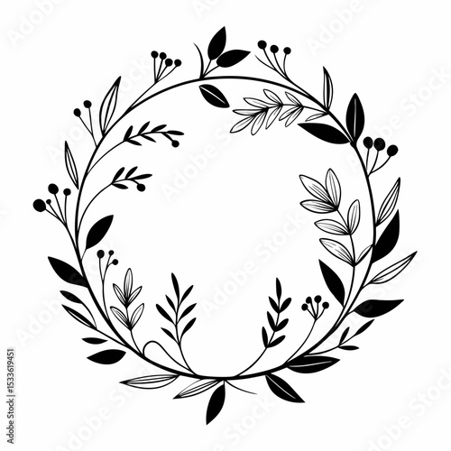 Black and white laurel wreath vector illustration with a seamless floral leaf pattern for a vintage decoration design element