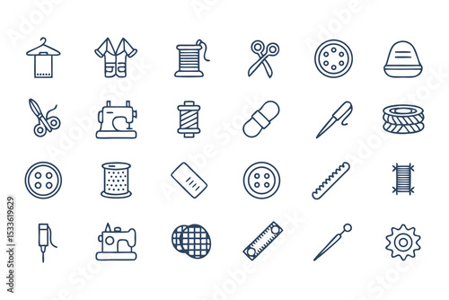 Knitting, Crocheting and Sewing Icon Set. Collection of Line Art Icons Including Yarn, Needles, Scissors, Sweaters, Buttons, and More  Elements Vector Illustration on White Background