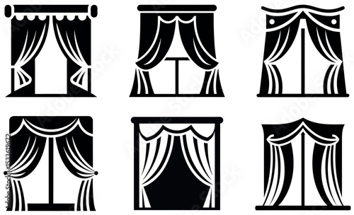 Black and White Silhouette Set Six Window Curtains Variations Design Element Decoration Symbol