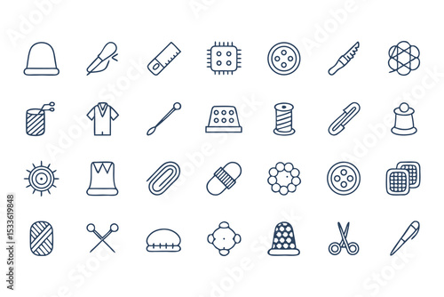Knitting, Crocheting and Sewing Icon Set. Collection of Line Art Icons Including Yarn, Needles, Scissors, Sweaters, Buttons, and More  Elements Vector Illustration on White Background