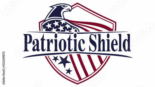 Illustration of a patriotic shield with an eagle, stars, and stripes design with the words patriotic shield