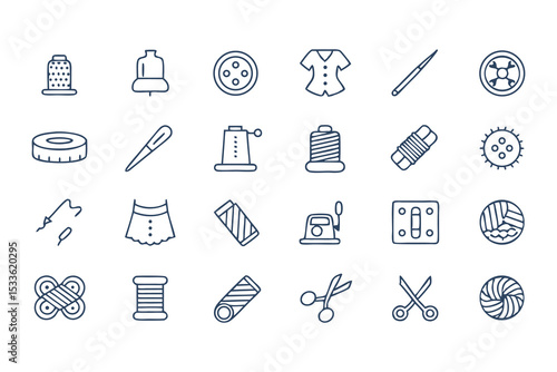 Knitting, Crocheting and Sewing Icon Set. Collection of Line Art Icons Including Yarn, Needles, Scissors, Sweaters, Buttons, and More  Elements Vector Illustration on White Background