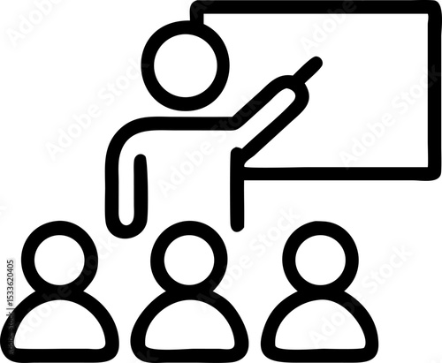 Simple line art icon: teacher presenting to students, classroom instruction or business meeting