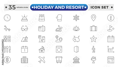 Holiday and Resort outline icon set. Summer travel icon set. holiday tour icons for app and website containing hotel sun camp mountain drink plane island. Editable stroke outline icon.
