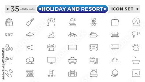 Holiday and Resort outline icon set. Summer travel icon set. holiday tour icons for app and website containing hotel sun camp mountain drink plane island. Editable stroke outline icon.
