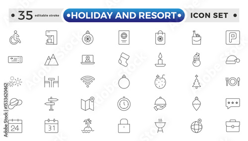 Holiday and Resort outline icon set. Summer travel icon set. holiday tour icons for app and website containing hotel sun camp mountain drink plane island. Editable stroke outline icon.
