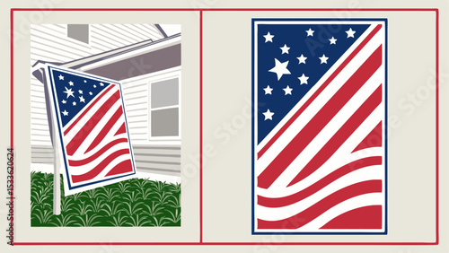 Illustration depicting a yard sign with an american flag design and a framed american flag design image side by side