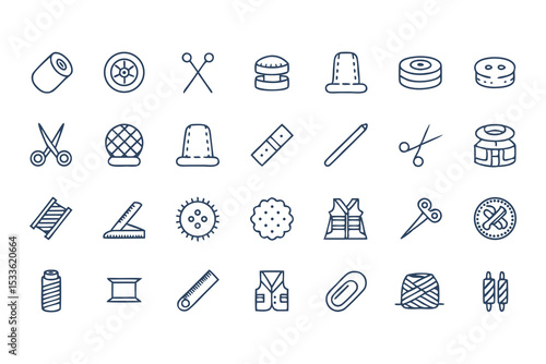 Knitting, Crocheting and Sewing Icon Set. Collection of Line Art Icons Including Yarn, Needles, Scissors, Sweaters, Buttons, and More  Elements Vector Illustration on White Background