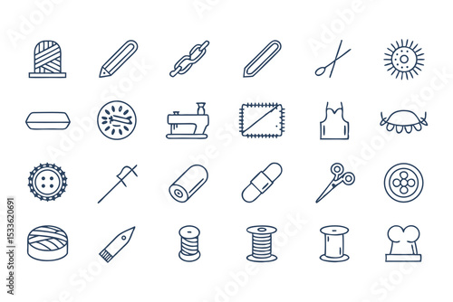 Knitting, Crocheting and Sewing Icon Set. Collection of Line Art Icons Including Yarn, Needles, Scissors, Sweaters, Buttons, and More  Elements Vector Illustration on White Background
