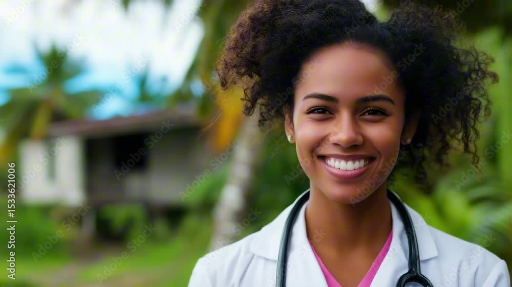 Smiling Pacific islander woman wearing a white lab coat and a stethoscope. She is a doctor. The image has a happy and positive mood Smiling Pacific islander woman wearing a white lab coat and a stethoscope. She is a doctor. The image has a happy and positive mood