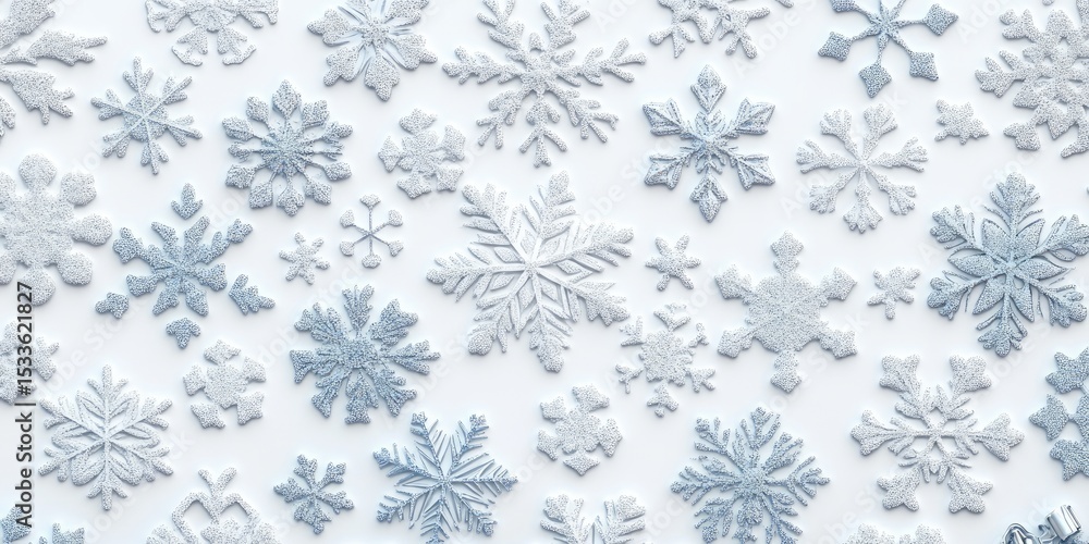 3D glittering snowflakes seamless pattern, white background, light gray, silver, and pale blue color palette, high resolution 3D glittering snowflakes seamless pattern, white background, light gray, silver, and pale blue color palette, high resolution