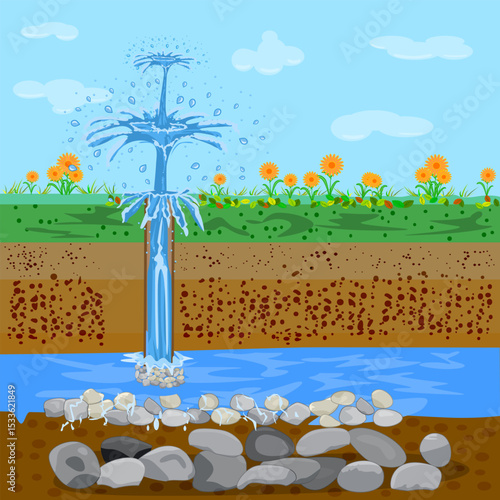 Artesian aquifer. Underground water resources. Fountain from groundwater. Pure organic source water fountain springing out of ground. Geyser comping out of ground. Artesian water and soil layers. Wate