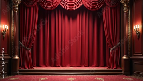 Ornate red velvet theater curtains stage with candle wall lights. Gold accents, rich red carpet, classic luxury design. Performance, entertainment, theater, opera concept.