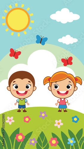Cheerful cartoon children smiling outdoors with butterflies flowers and sunlight in a green field