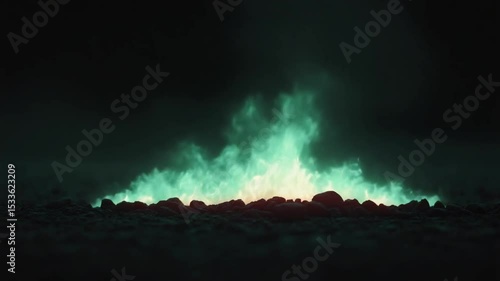 Mysterious green flames illuminating dark rocky terrain