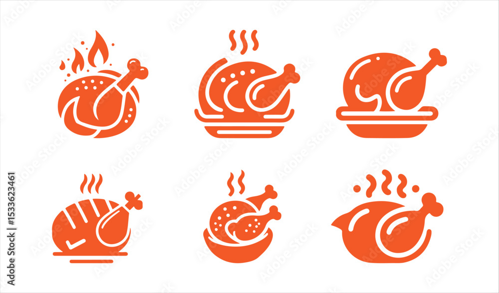 Roasted Chicken Silhouette Icons Set Roasted Chicken Silhouette Icons Set