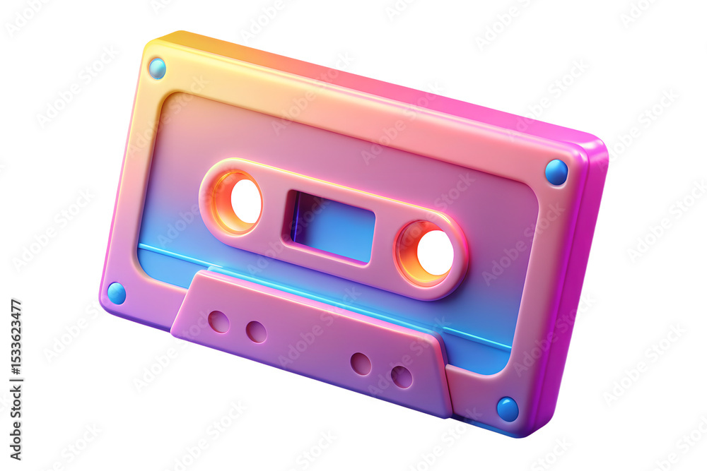 Naklejka premium 3D tape cassette icon with holographic neon colors. Isolated 80s stereo cassette as a design element