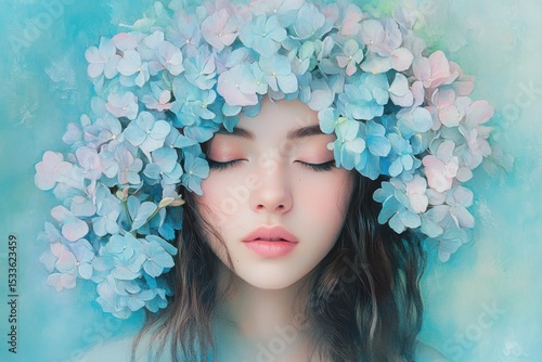 Serene woman with blue hydrangea flower crown