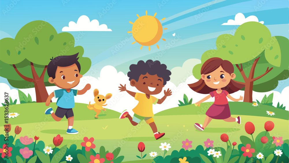 Naklejka premium Cheerful illustration of children playing outdoors on a sunny day with a happy dog