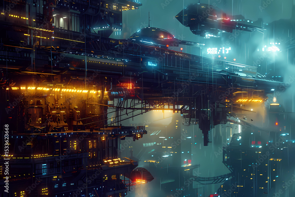 Fototapeta premium Floating City at Night With Rain