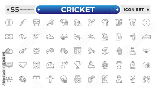 Cricket outline Icon Set. Bat, Ball, Wicket, Player & Match Vector Symbols Collection. Editable stroke outline icon.
