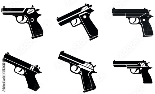 Illustration of Six SemiAutomatic Handguns in Black Silhouette on White Background