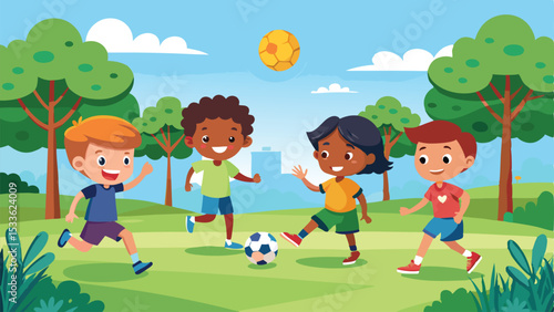 Children playing soccer cartoon illustration in a park with trees and clear blue sky