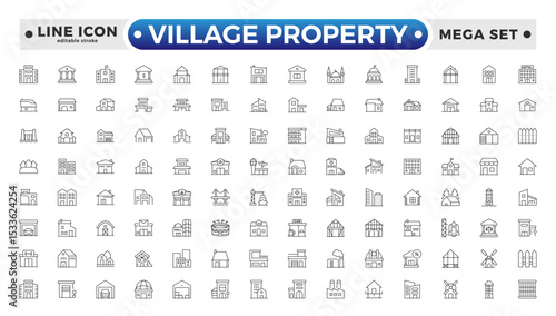 Village Property outline Icon Set. Stylish and professional icons designed for the real estate industry, perfect for enhancing property listings, and websites. Editable stroke outline icon.
