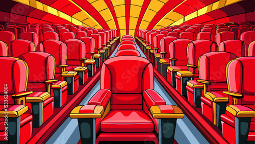 Red velvet cinema seats lined up in rows, classic movie theater setting