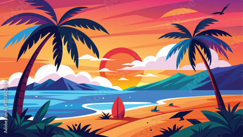 Colorful beach sunset scene with palm trees and surfboard in a vibrant illustration