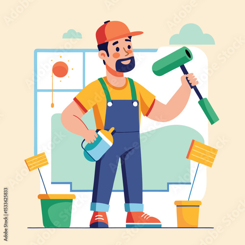 Diligent man (house painter) holding a roller and tray, ready to transform a space.