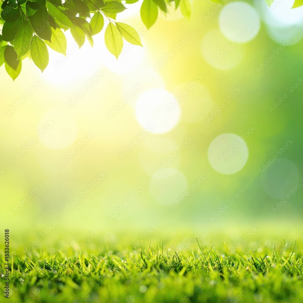 Obraz premium Sunlit green grass and leaves nature scene outdoor landscape photography tranquil atmosphere close-up view serenity