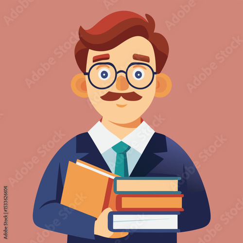 Wise man (professor) wearing glasses, holding a stack of books, imparting knowledge.