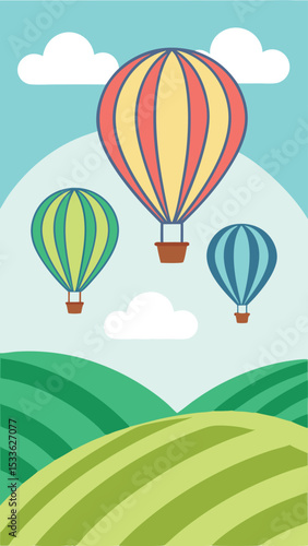 Colorful hot air balloons floating over rolling hills with clouds in a bright sky