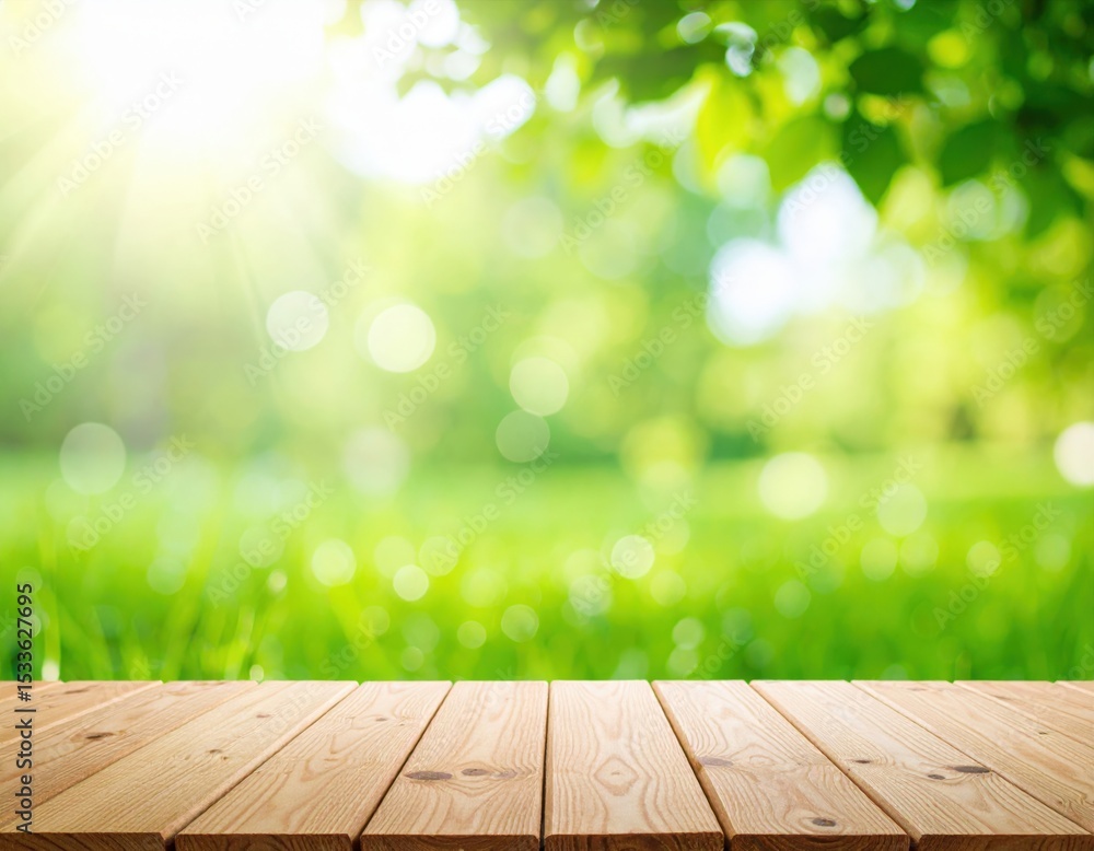 Sunlit wooden table in green nature setting outdoor scene vibrant background serene atmosphere Sunlit wooden table in green nature setting outdoor scene vibrant background serene atmosphere