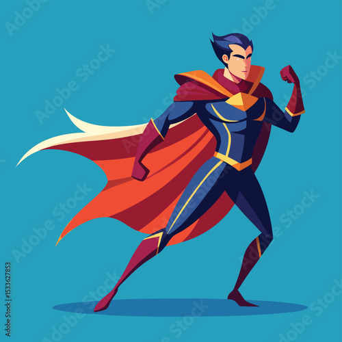 Powerful man (superhero) in a dynamic pose, cape flowing, symbolizing justice and strength.