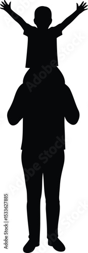 Joyful Ascent: In a heartwarming silhouette, a child celebrates atop the shoulders of an adult, embodying the spirit of freedom, joy, and paternal affection. 