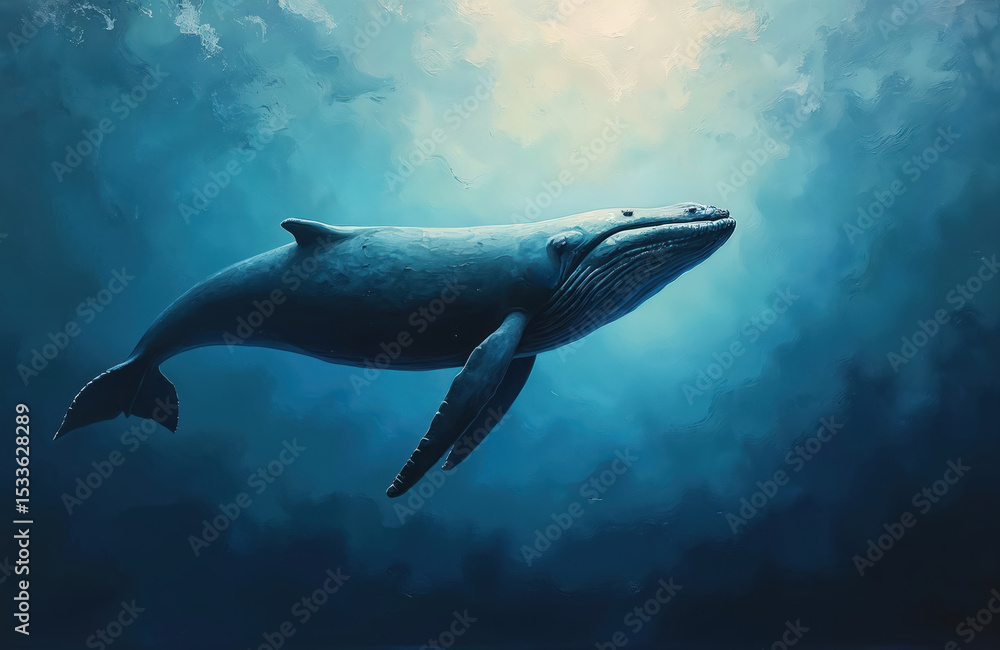 Fototapeta premium Abstract oil painting of humpback whale swimming in ocean. Dark blue and light cyan tones create underwater scenery, animal portrait. Illustration depicts sea life, marine mammal in natural habitat.