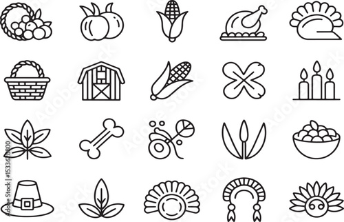 Thanksgiving Icons Black and White Line Art