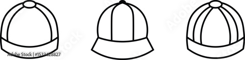 Three Outline Baseball Caps and Sun Hats, Simple black line art illustration of three different types of hats.
