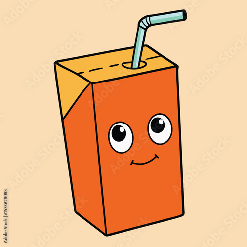 Convenient miniature juice carton with a straw inserted, slightly tilted, ready for a sip.