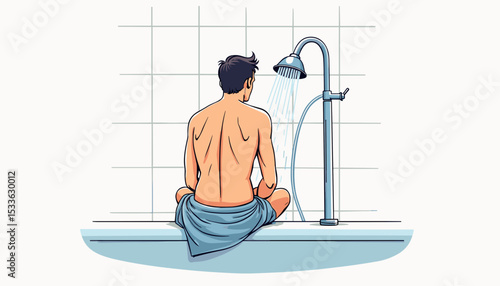 Man sitting in bath with shower running