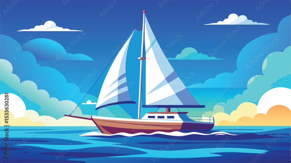 Naklejka premium Colorful sailboat sailing across blue waters with clouds in a bright sunny day