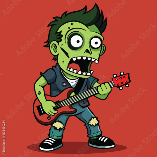 Edgy rockstar zombie with a tattered band t-shirt, microphone in hand, a surprising performance.
