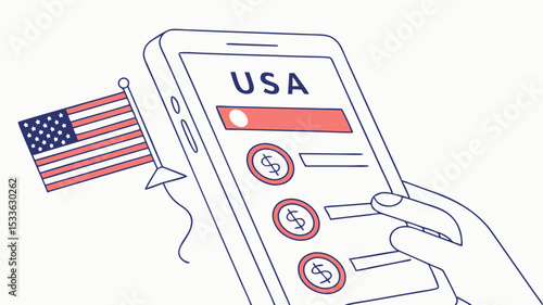 Illustration of a hand interacting with a smartphone displaying usa and dollar signs with american flag nearby
