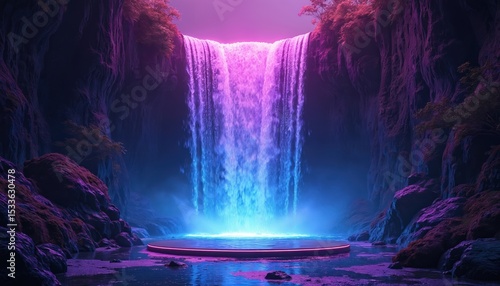 Wallpaper Mural Surreal illustration of neon waterfall cascading over black rock cliff into glowing pool. Magical transformation creates vibrant, iridescent colors, with product display platform. Enchanting fantasy Torontodigital.ca