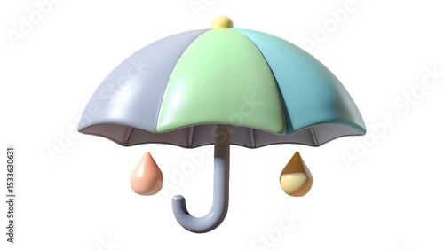 Colorful 3d render of an umbrella with raindrops on a white background promoting weather protection and summer elements
