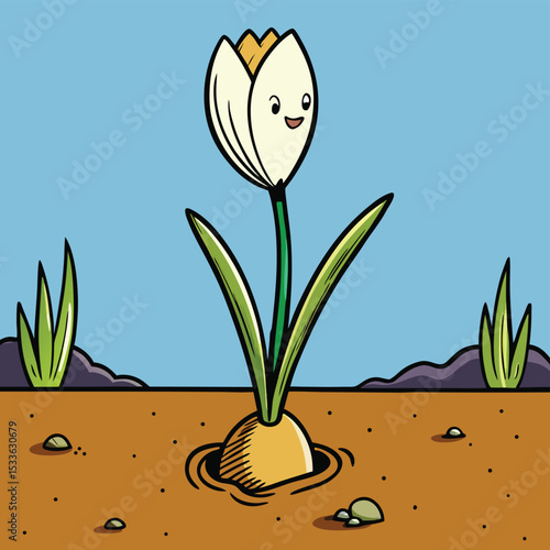 Resilient single crocus pushing through imaginary ground, symbolizing new spring beginnings.