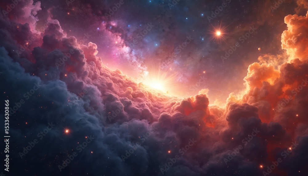Fototapeta premium Abstract illustration showcases vibrant colors explosion in galaxy. Cosmic of supernova. Swirling stars, radiant nebulae, fantasy universe, cosmos, astral event. Heavenly view, celestial, dark space.