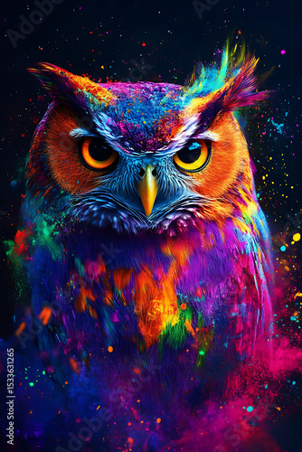 Colorful owl portrait with vibrant splashes of paint, showcasing artistic expression and wildlife